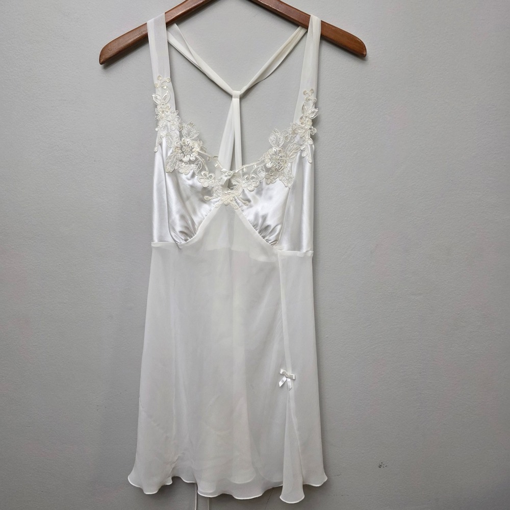 Linea Donatella White Satin Lace Trim Babydoll Nightgown Large  Slip Bridal